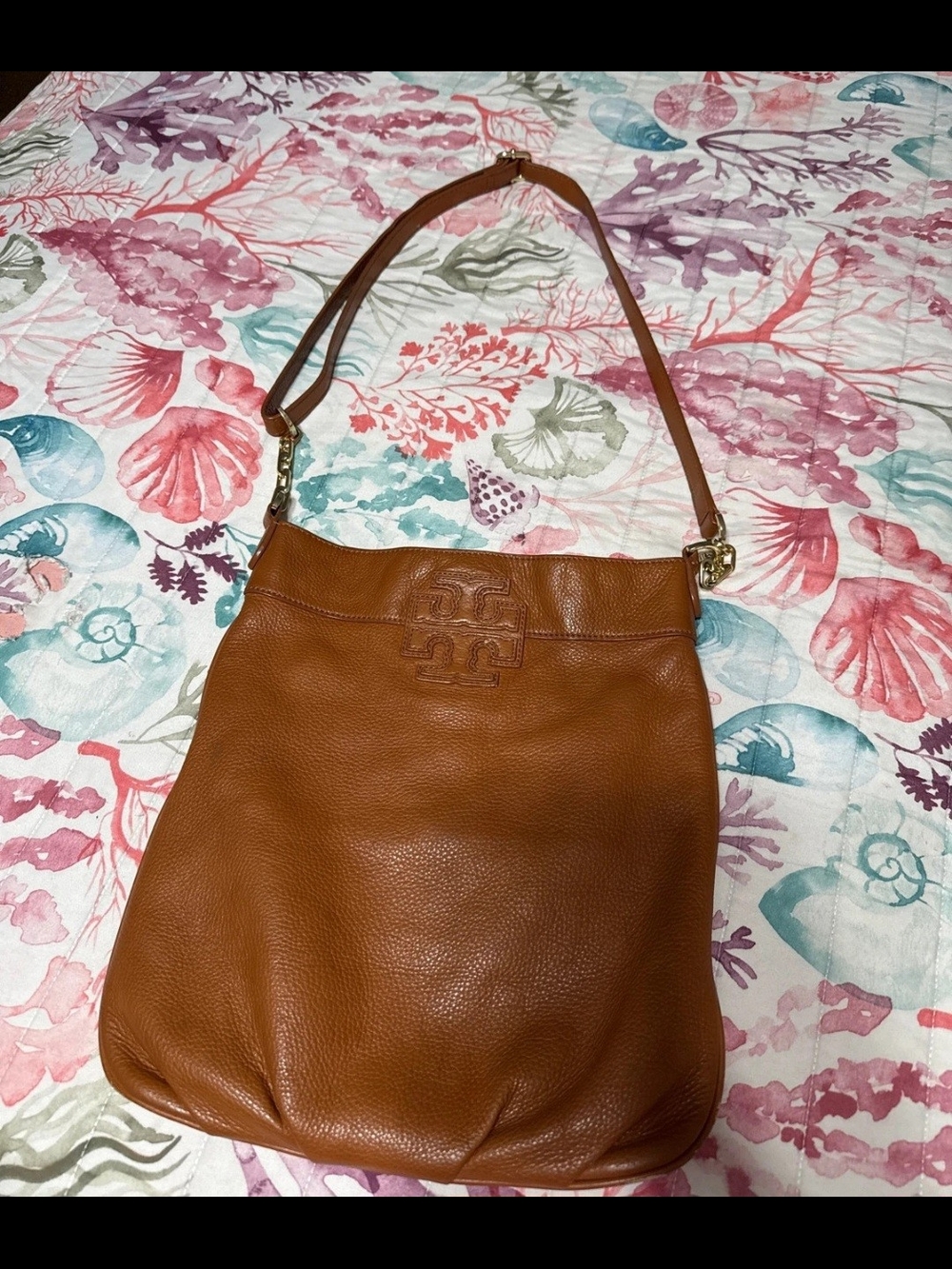 Tory Burch Cognac Pebbled Leather Shoulder Hobo